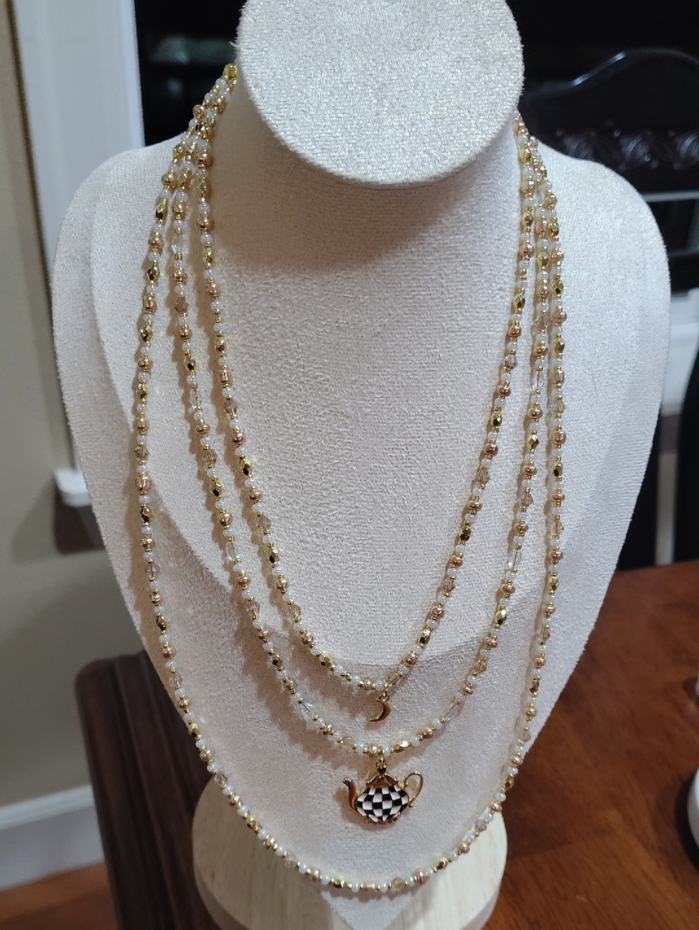 Gold Beaded Layered Necklace with Teapot Pendant - Gold